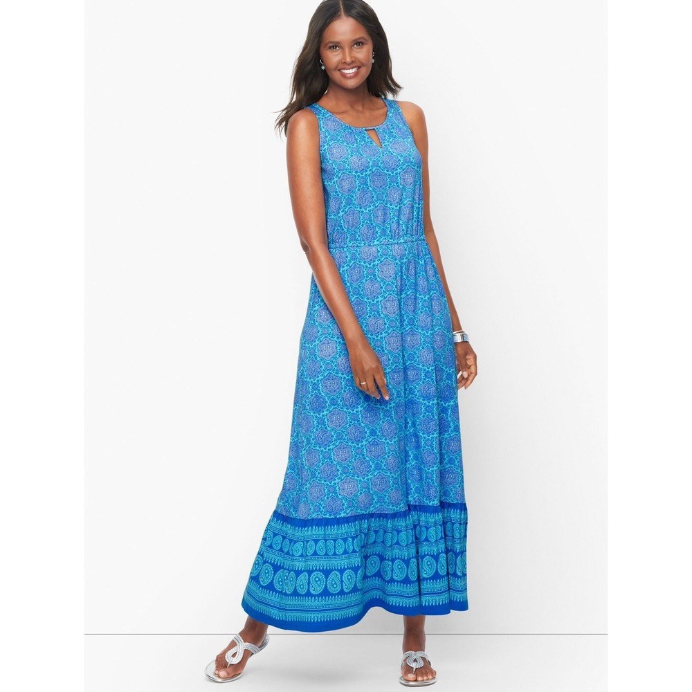 Talbots Maxi Dress Blue Paisley Blue Size M Sleeveless Cotton Blend Comfort